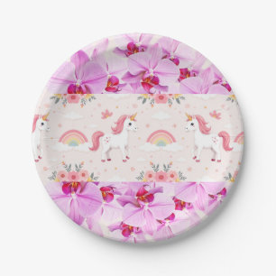 Einhorn und Orchideen, Regenbogen, Blume, Party Pappteller