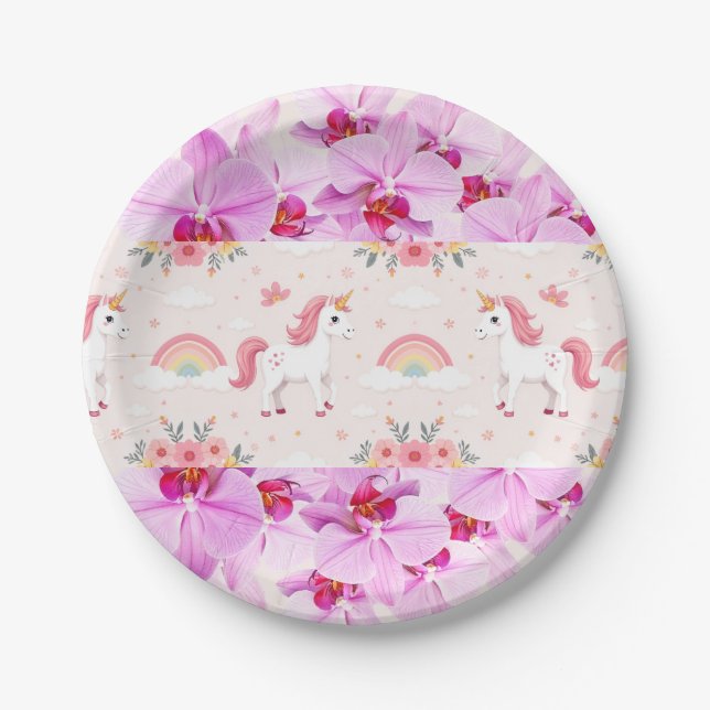 Einhorn und Orchideen, Regenbogen, Blume, Party Pappteller (Vorderseite)