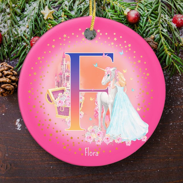Einhorn und Princess Letter F Monogram Christmas Keramik Ornament (This pretty pink monogrammed Christmas ornament is perfect for your little princess!)
