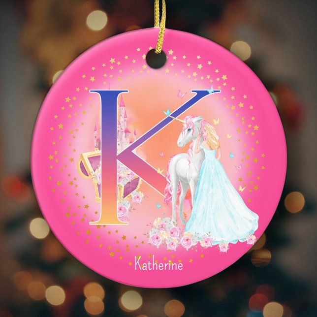 Einhorn und Princess Letter K Monogram Christmas Keramik Ornament (This pretty pink monogrammed Christmas ornament is perfect for your little princess!)