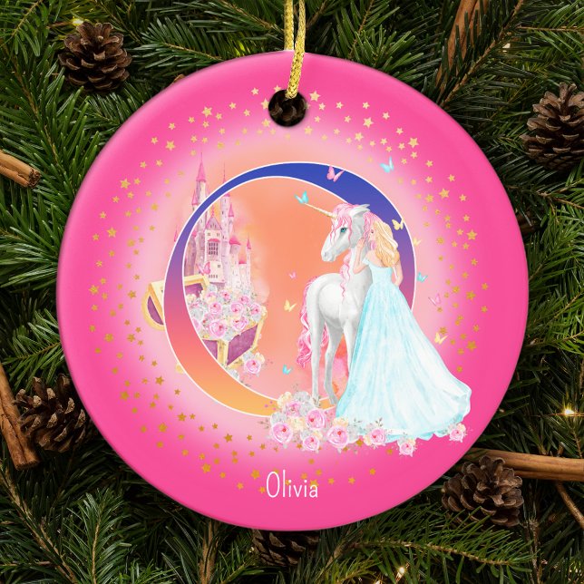 Einhorn und Princess Letter O Monogram Christmas Keramik Ornament (This pretty pink monogrammed Christmas ornament is perfect for your little princess!)