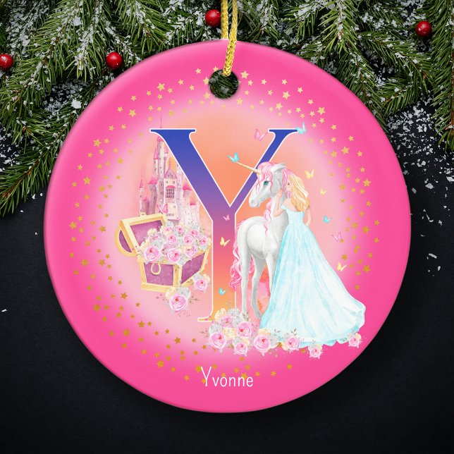 Einhorn und Princess Letter Y Monogram Christmas Keramik Ornament (This pretty pink monogrammed Christmas ornament is perfect for your little princess!)