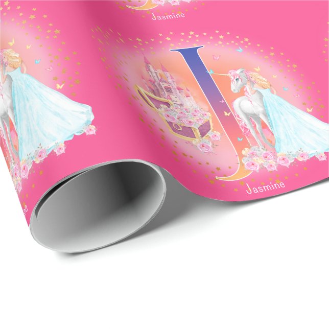 Einhorn und Prinzessin mit Castle Letter J Monogra Geschenkpapier (Rolleneckpunkt)