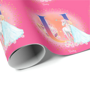 Einhorn und Prinzessin mit Castle Letter U Monogra Geschenkpapier