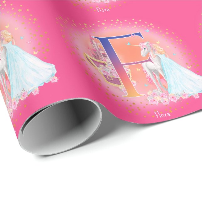 Einhorn und Prinzessin mit Schlossbuchstabe F Mono Geschenkpapier (Rolleneckpunkt)