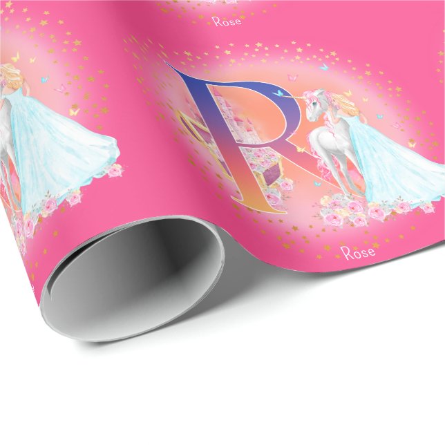 Einhorn und Prinzessin mit Schlossbuchstabe R Mono Geschenkpapier (Rolleneckpunkt)
