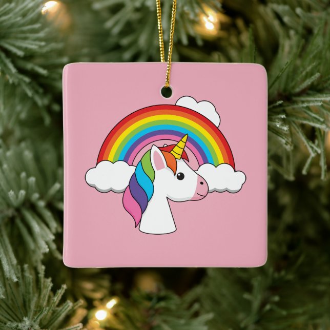 Einhorn und Regenbogen mit Wolken Kawaii Keramikornament (Baum)