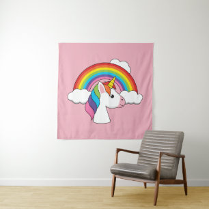 Einhorn und Regenbogen mit Wolken Kawaii Wandteppich