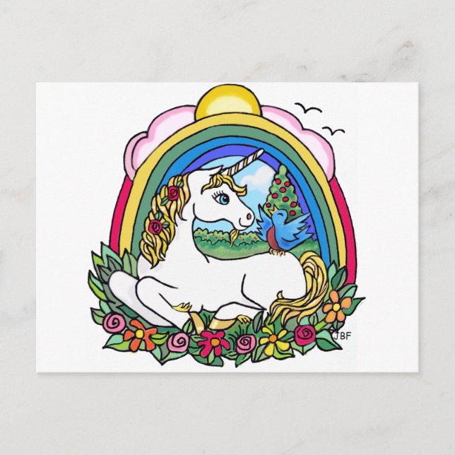 Einhorn und Regenbogen Postkarte (Vorderseite)