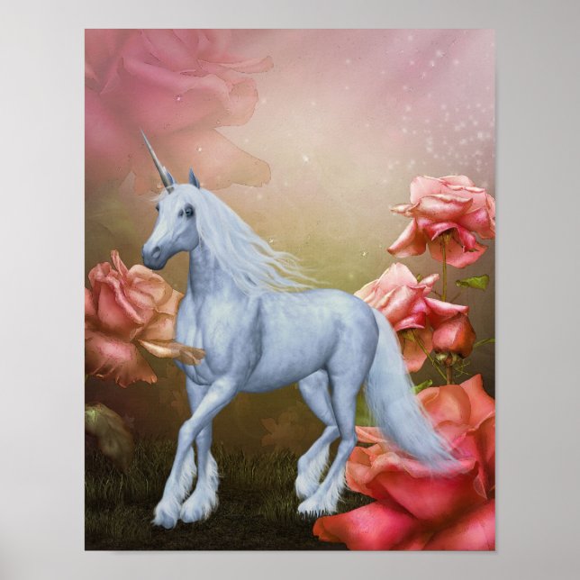 Einhorn und Rose Fantasy Horst Art Poster (Vorne)