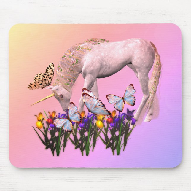 Einhorn und Schmetterlinge Fantasiekunst Mousepad (Vorne)
