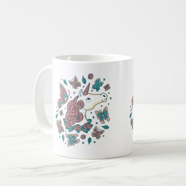 Einhorn und Schmetterlinge Kaffeezubereitung Tasse (Vorderseite Links)