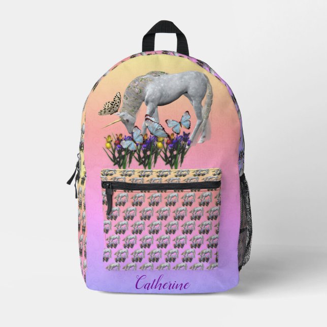Einhorn und Schmetterlinge Personalisiert Bedruckter Rucksack (Vorderseite)