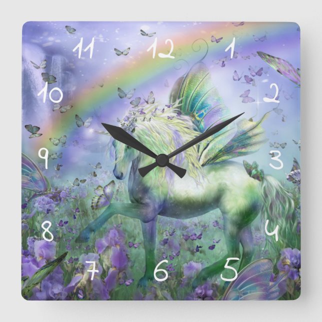 Einhorn und Schmetterlinge Quadratische Wanduhr (Vorderseite)