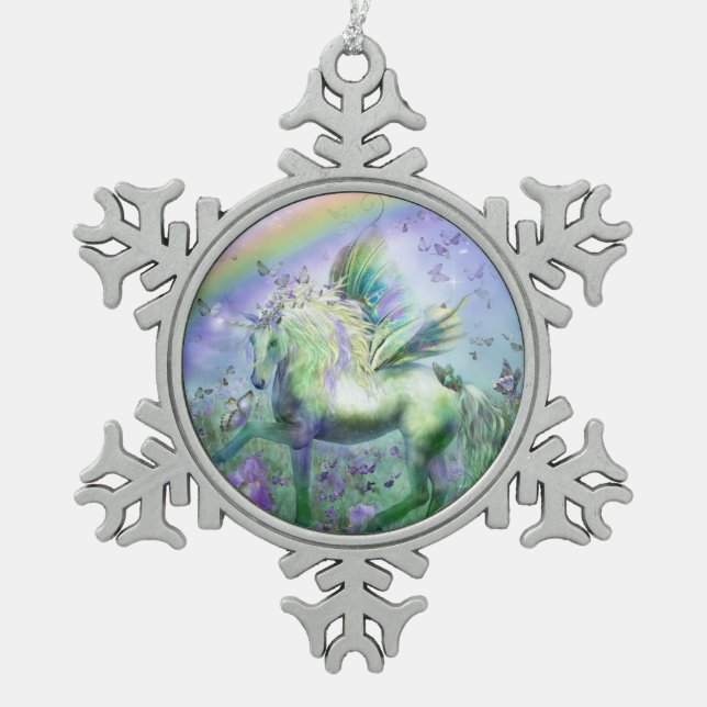 Einhorn und Schmetterlinge Schneeflocken Zinn-Ornament (Vorderseite)