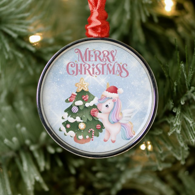 Einhorn und Weihnachtsbaum auf Sparkle Blue Sky Ornament Aus Metall (Baum)