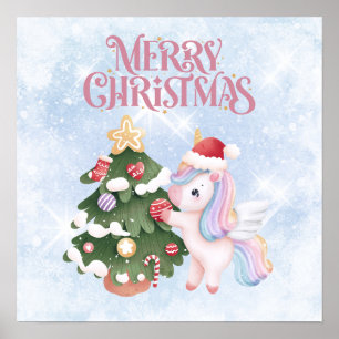 Einhorn und Weihnachtsbaum auf Sparkle Blue Sky Poster