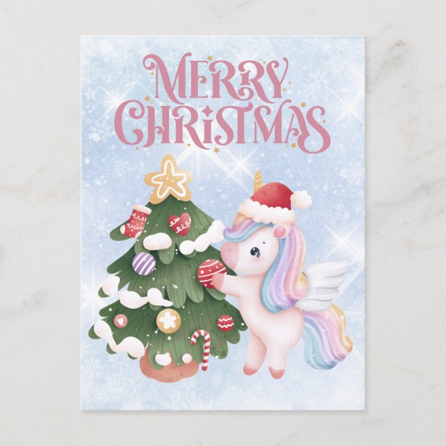 Einhorn und Weihnachtsbaum auf Sparkle Blue Sky Postkarte (Vorderseite)