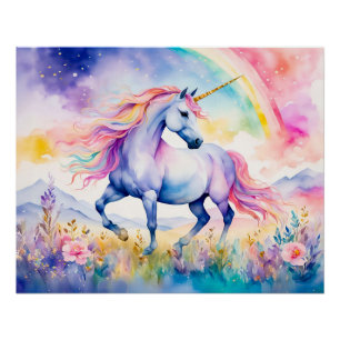 Einhorn unter einem schimmernden Regenbogen gehend Poster