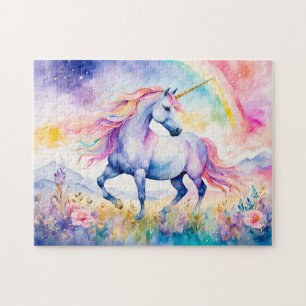 Einhorn unter einem schimmernden Regenbogen laufen