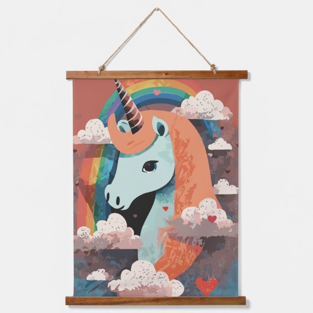 Einhorn unter Regenbogen & unter den Herzen Wandteppich Mit Holzrahmen (Vorderseite)