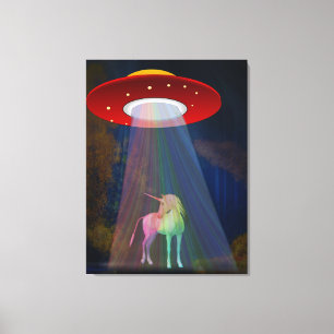 Einhorn unter UFO-Regenbogenstrahl bei Nacht Leinwanddruck