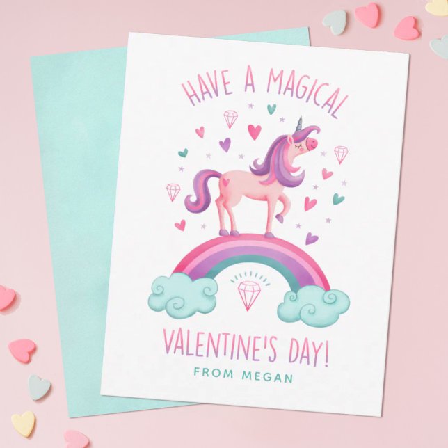 Einhorn-Valentinstag-Grußkarte Mitteilungskarte (Personalize this cute unicorn Valentine's Day card for your girls classroom exchange.)