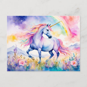 Einhorn-Wandern unter einem schimmernden Regenboge Postkarte