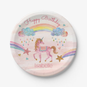 Einhorn-Wasserfarbe-Faux-Glitter-Geburtstagsplatte Pappteller