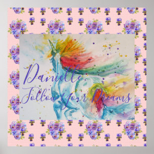 Einhorn-Wasserfarbe-Rosa-Blumen-Mädchen-Name-Decke Poster