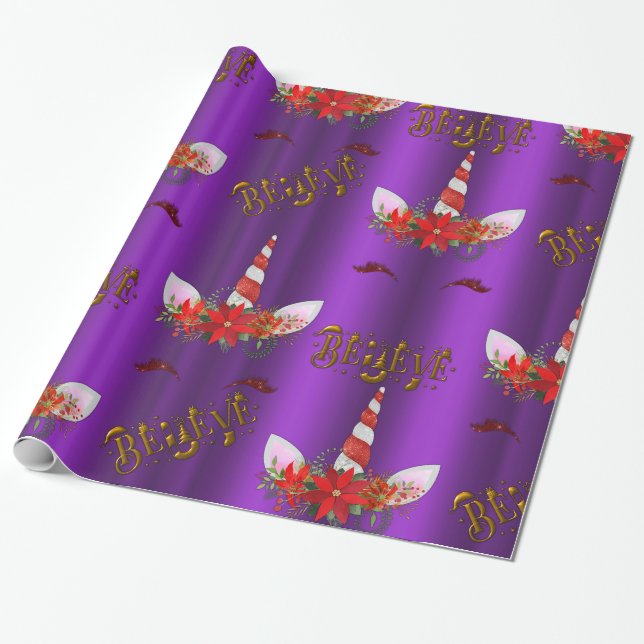 Einhorn Weihnachtsglauben Lila Geschenkpapier (Ungerollt)