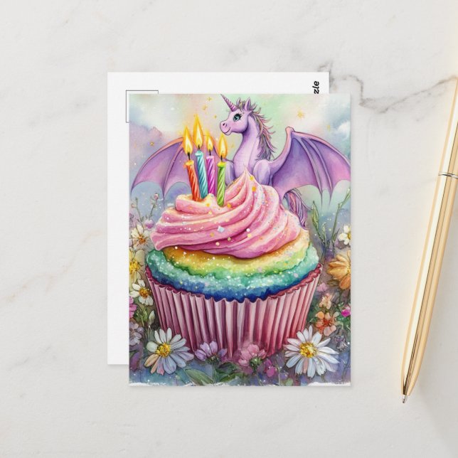 Einhorndrache mit Cupcake und Blumen Postkarte (Vorderseite/Rückseite Beispiel)