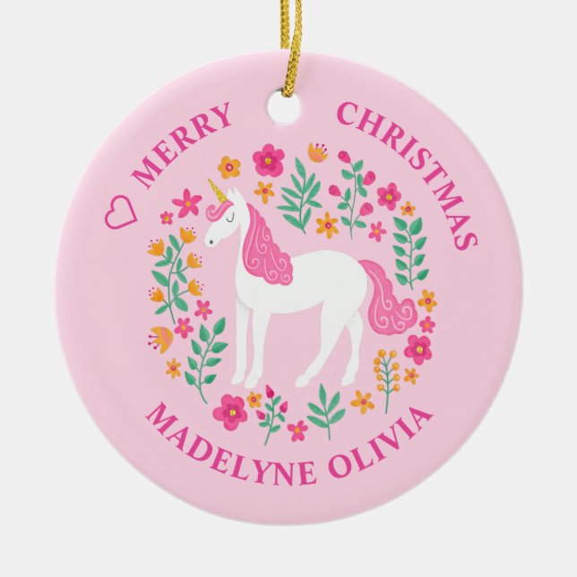 Einhornende Blume Niedlich Rosa Personalisierter N Keramik Ornament (Vorne)
