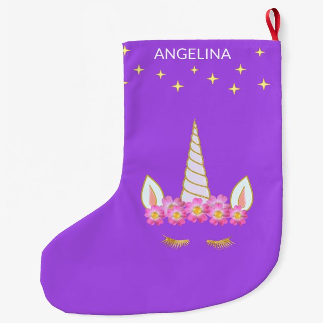 Einhornende Blume und Sterne auf Violett Großer Weihnachtsstrumpf (Rückseite)