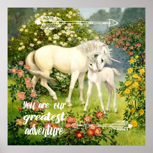 Einhornende Mama und Baby unter den Blüten im Früh Poster (Vorne)