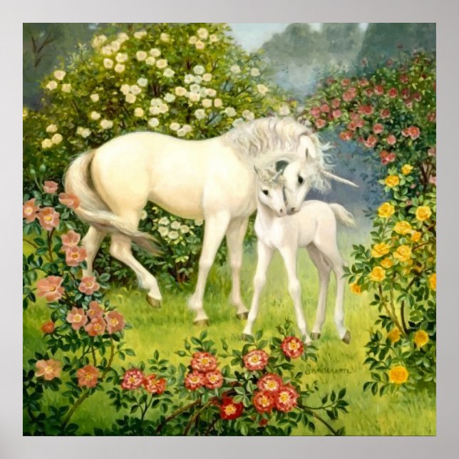 Einhornende Mama und Baby unter den Blüten im Früh Poster (Vorne)