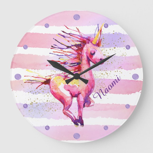 Einhornende Wasserfarbe Streifen rosa Große Wanduhr (Vorderseite)