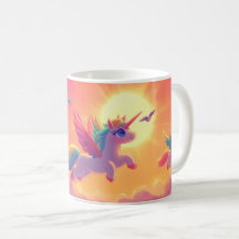 Einhörner, die in der Himmelskaffee-Tasse fliegen
