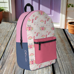Einhörner, Regenbogen, Blume, Name / Moderne Bedruckter Rucksack