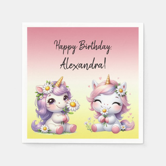 Einhörner und Gänseblümchen, "Happy Birthday"-Part Serviette (Vorderseite)