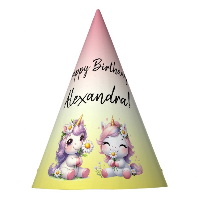 Einhörner und Gänseblümchen, "Happy Birthday" Partyhütchen (Vorderseite)