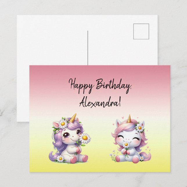 Einhörner und Gänseblümchen, "Happy Birthday" Postkarte (Vorne/Hinten)