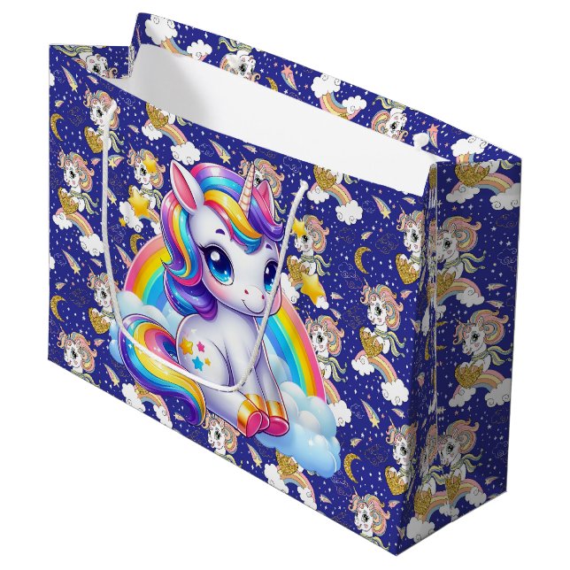 Einhörner und Regenbögen  Große Geschenktüte (Vorderseite Schrägansicht)