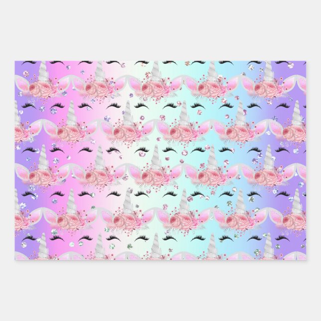 Einhornfacen und Glitzer-Umschlagpapier Geschenkpapier Set (Vorderseite)