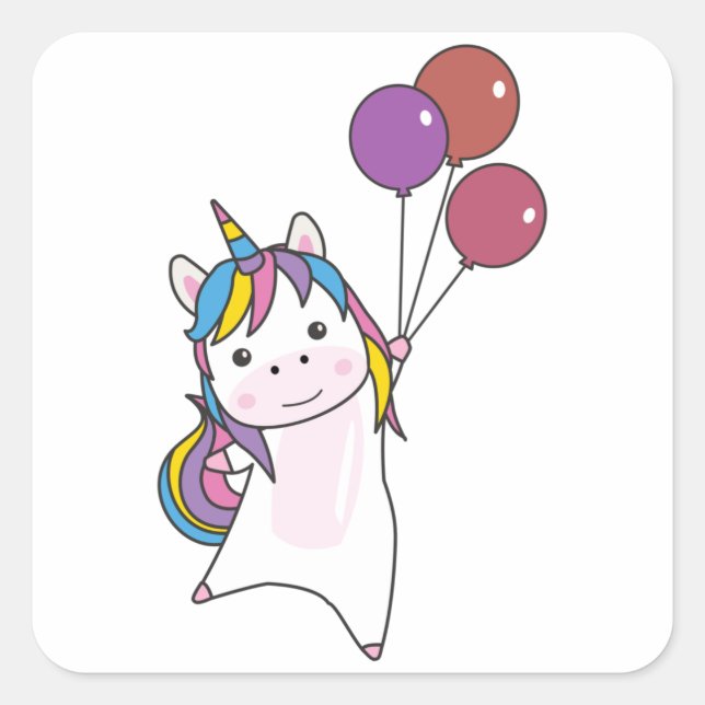 Einhornfliegen mit Balloons über Niedlichen Einhör Quadratischer Aufkleber (Vorderseite)