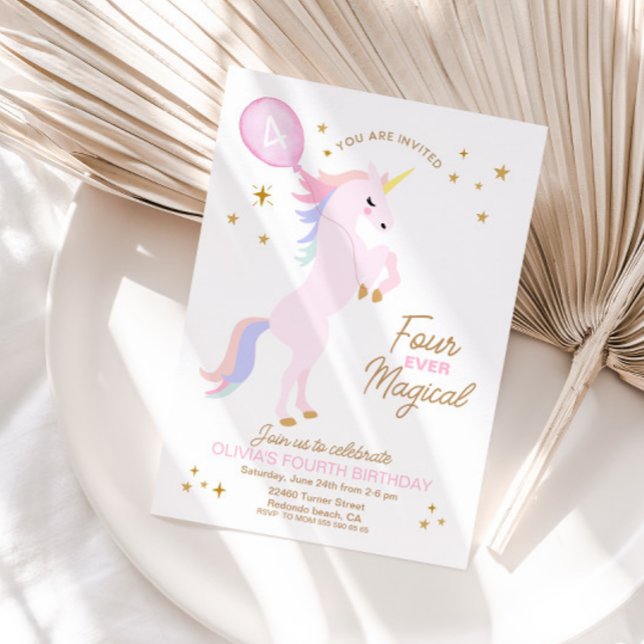 Einhorngeburt Einladung - VIER Mal MAGISCH (Unicorn Birthday Invitation - FOUR EVER MAGICAL)