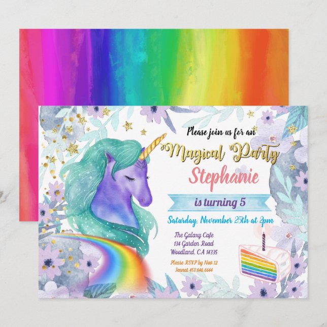 Einhorngeburtseinladung Regenbogenkuchen Einladung (Vorne/Hinten)