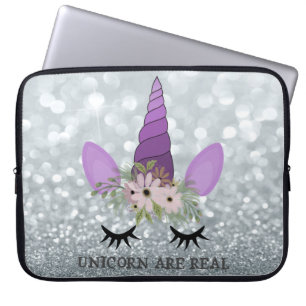 Einhorngesicht, Blumenkrone, Silber-Glitter-Bokeh Laptopschutzhülle