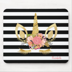 Einhorngesicht in Gold, Streifen in Schwarz-Weiß Mousepad