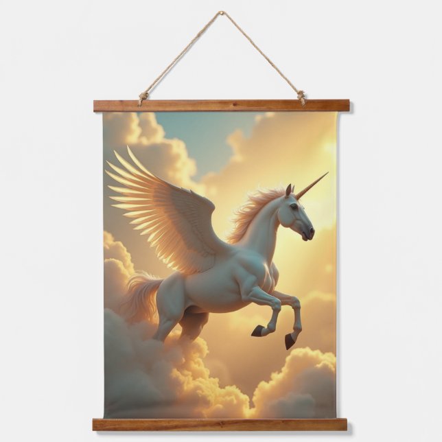 Einhorngold Einhorngeflügeltes Hängeband Wandteppich Mit Holzrahmen (Vorderseite)